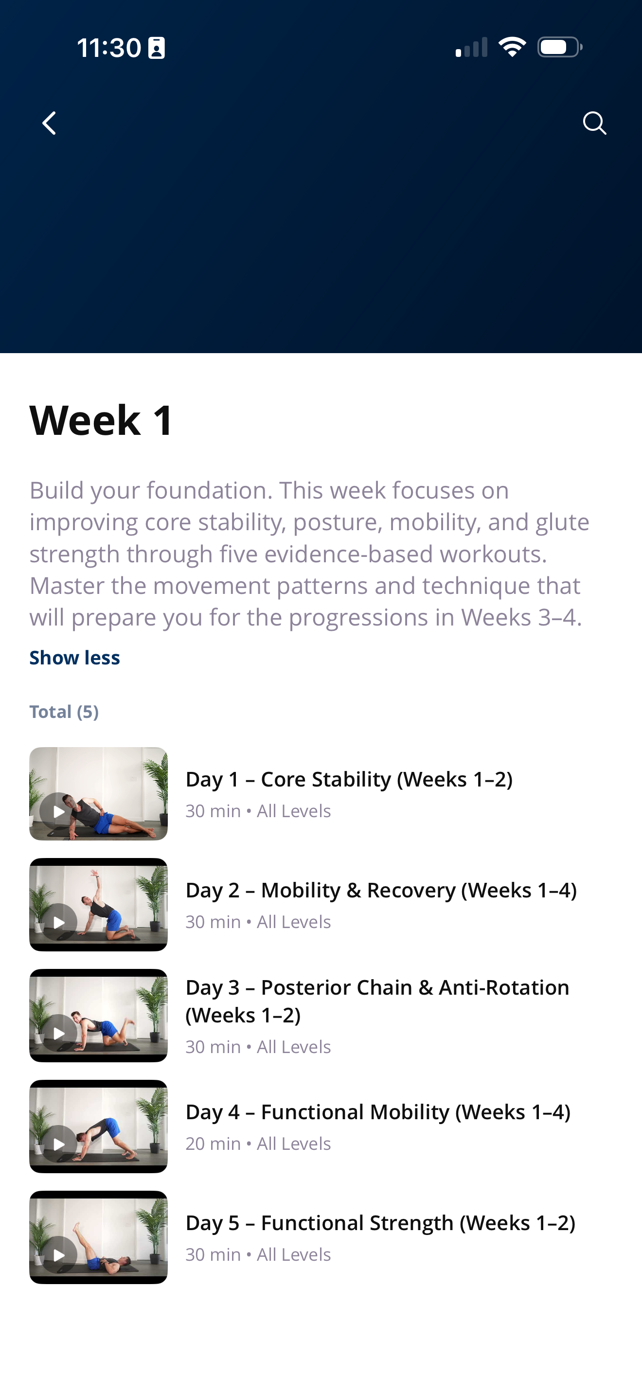 Week 1 workouts in MoveStrong app